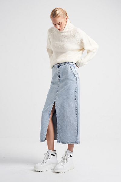 its basic Women's Snow Denim Color Maxi Length Koton Denim Skirt with Side Pockets