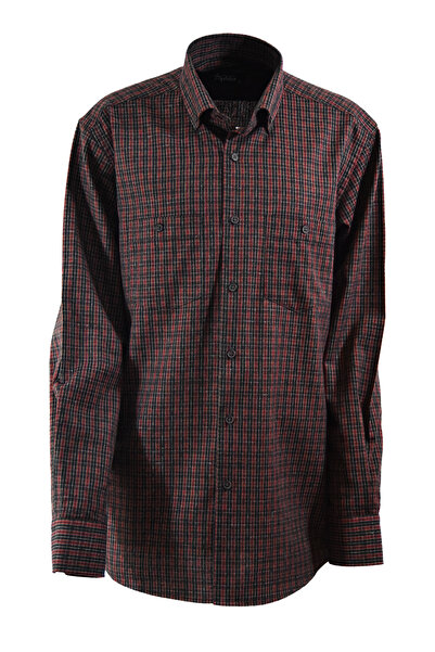 YILDIZ GÖMLEK Kırmızı Siyah Kareli Düğmeli Yaka Çift Cepli Klasik Kesim Kışlık Pamuklu Erkek Gömlek