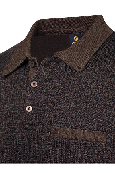 Çizgi Triko Men's Brown Large Size Polo Collar Sweater Patterned Sleeve and Waist Elastic Steel Knit Classic Fit