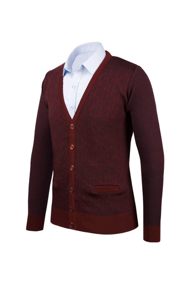 Çizgi Triko Men's Claret Red V-Neck Knitwear Cardigan Buttoned Patterned Steel Knit Classic Fit