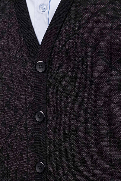 Çizgi Triko Ανδρική μαύρη πλεκτή ζακέτα με λαιμόκοψη σε σχήμα V με λεπτομέρεια τσέπης με μοτίβο από ατσάλι πλεκτό κλασικό καλούπι