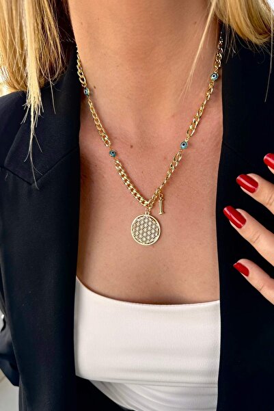 Trendy Butik Kişiye Özel Harfli Altın Kaplama Üç Nazarlı Yaşam Çiçeği ve İ Ha...