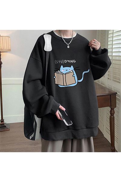 Touz Studying Printed Black Unisex Oversize Crew Neck Sweatshirt