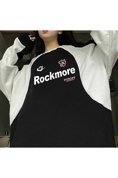 Touz Y2K Streetwear Rockmore Funoff εμπριμέ μαύρο φούτερ Unisex Oversize με λαιμόκοψη