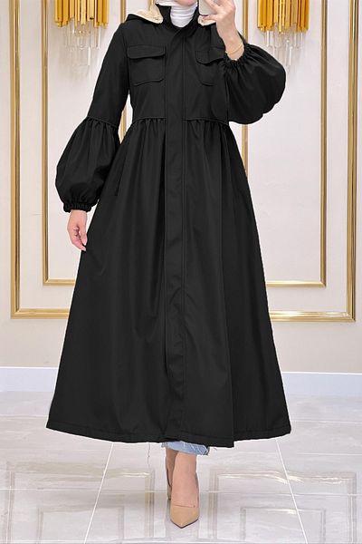 InStyle معطف بالون من Ervina بأكمام فرو من الداخل - أسود