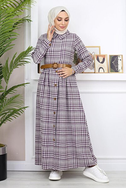 Modamihram Kleid mit Knopfdetail Pflaume 19166