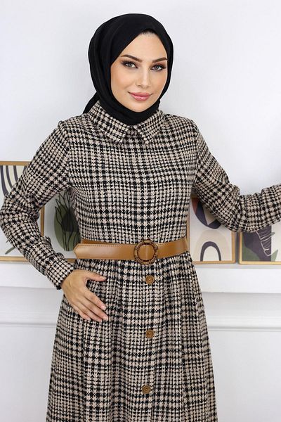 Modamihram Button Detailed Dress Tan 19166