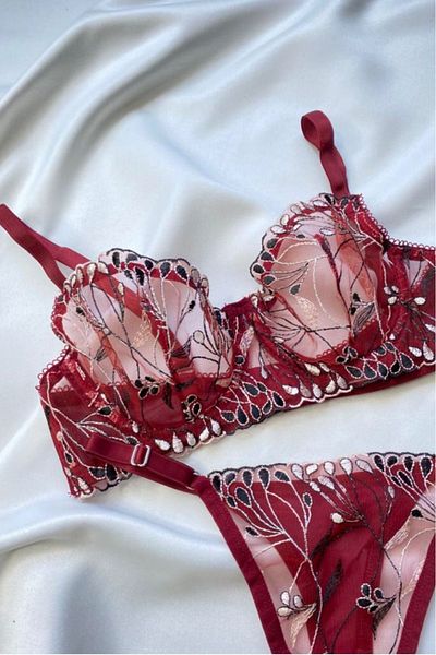 MEBA Σετ Bralet με Κεντητό Δαντελένιο Κόκκινο Μαύρο Κέντημα Arona