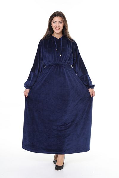 mervemoda Γυναικείο βελούδινο φόρεμα Navy με κουκούλα