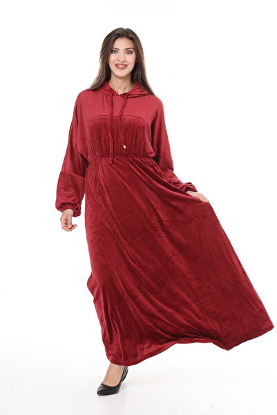 mervemoda Kadın Bordo kadife kapüşonlu elbise