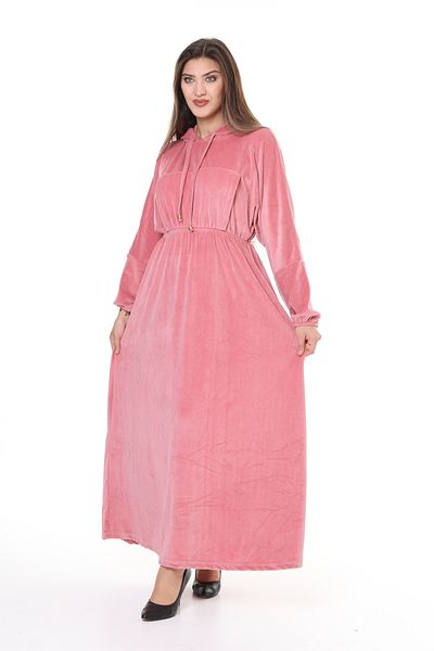 mervemoda Γυναικείο βελούδινο φόρεμα Dusty Rose με κουκούλα