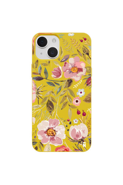 Casen Iphone 14 Özel Tasarım Renkli Çiçekli Yağlı Boya Sarı Renkli Silikon Te...