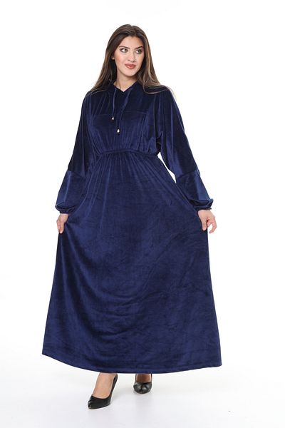 mervemoda Γυναικείο βελούδινο φόρεμα Navy με κουκούλα
