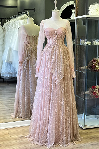 Lenta Moda Pudra Simli Dantel Etekli Ve İşlemeli Dantel Detaylı Abiye/nişan Elbisesi