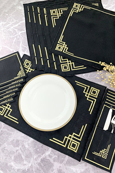 WEARE2 Set de masă american tip runner, brodat cu auriu sclipitor, de culoare...