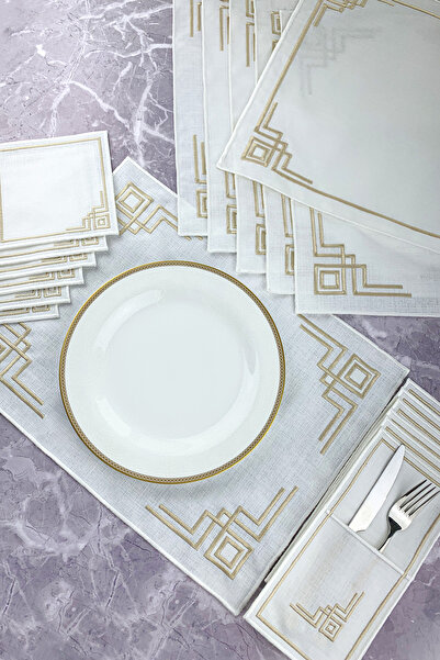 WEARE2 طقم مفارش طاولة مطرزة بلون أبيض كابتشينو بيج (6 أشخاص، طقم 19 قطعة)