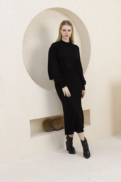MD trend Women's Black Knitwear Fabric Dress Sweater Set