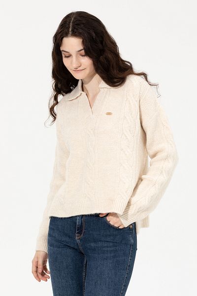 U.S. Polo Assn. Cream Color V-Neck Women's Sweater - Mealnj