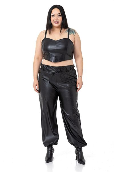 DISENTIS MODEST Plus Size Leather Black Trousers with Drawstring Detail on the Leg