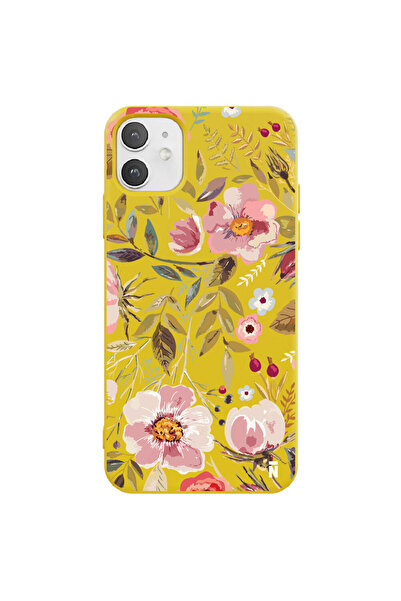 Casen Iphone 11 Özel Tasarım Renkli Çiçekli Yağlı Boya Sarı Renkli Silikon Te...