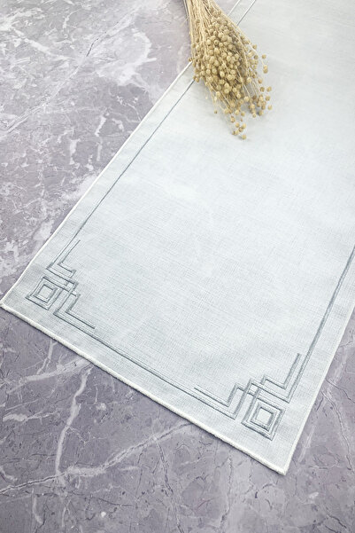 WEARE2 Beyaz Renkli Simli Gümüş Gri Nakışlı 40x110 Cm Keten Efektli Runner