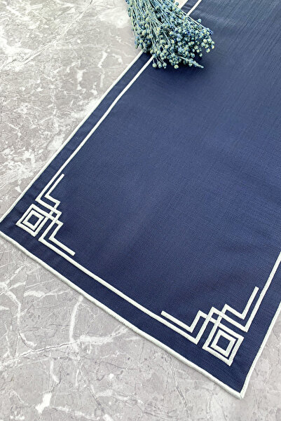 WEARE2 Διάδρομος με εφέ λινό σε μπλε ναυτικό χρώμα και λευκό κέντημα, 40x110 εκ.