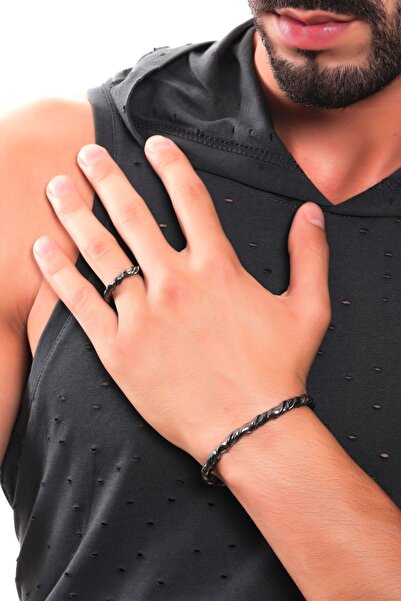 LABALABA طقم أساور للرجال وخاتم قابل للتعديل مطلي بطبقة من الأنثراسايت المعدني