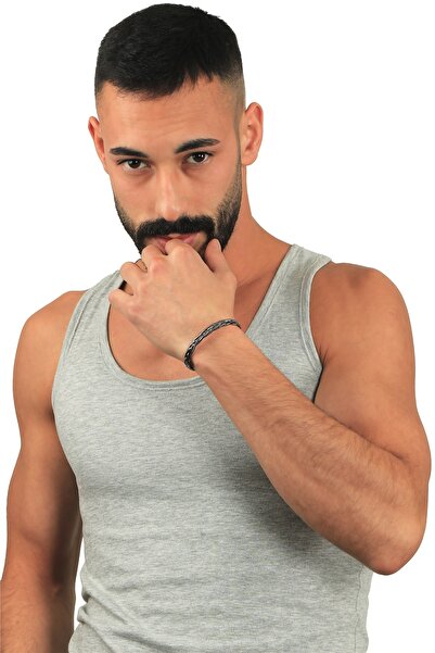 LABALABA Men's Lacquer Black Color Plated Adjustable Open Band Embossed Weave Textured Bracelet