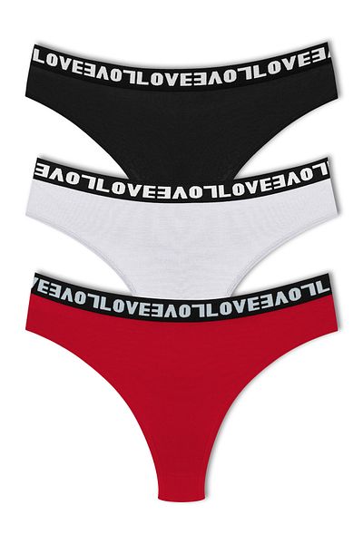 HNX Βαμβακερή δαντέλα στην πλάτη LOVE Rubber Thong Γυναικεία κιλότα 3τμχ