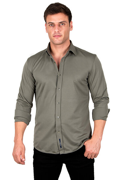 DeepSEA Men's Khaki Slim Fit Knitted Shirt2309480