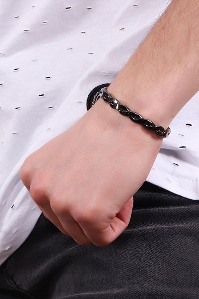 LABALABA Men's Metallic Anthracite Lacquer Coated Adjustable Braided Textured Bracelet