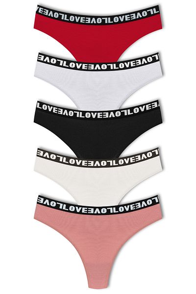 HNX Cotton Lace Back LOVE Rubber Thong Women's Panties 5-Piece