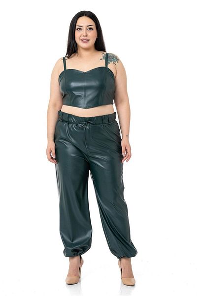 DISENTIS MODEST Plus Size Leather Khaki Trousers with Drawstring Detail