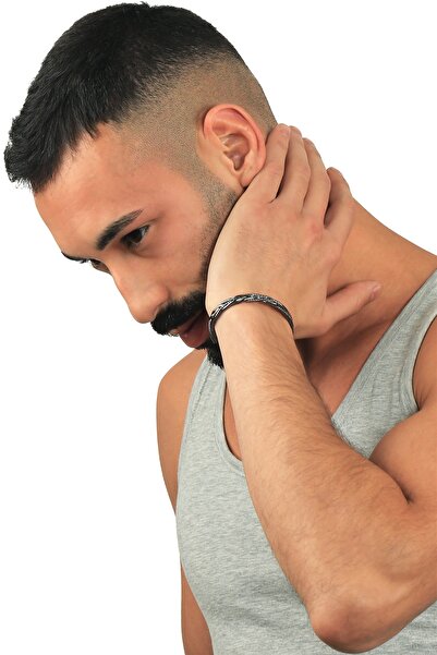 LABALABA Men's Lacquer Black Color Plated Adjustable Open Band Embossed Weave Textured Bracelet