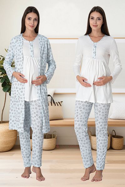 lohusahamile Set de pijamale de maternitate Effortt 3064 cu model albastru cu halat