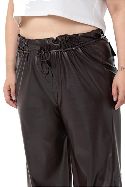 DISENTIS MODEST Plus Size Leather Dark Brown Trousers with Drawstring Detail on the Leg