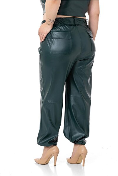DISENTIS MODEST Plus Size Leather Khaki Trousers with Drawstring Detail