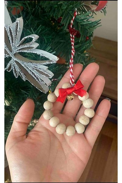 Masalsı Concept 3 Pieces Double Chime Beaded Decorative Red Ribbon Wooden Christmas Tree Ornament