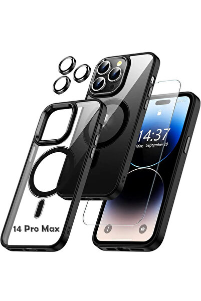 EDELFU حافظة Magsafe لهاتف Iphone 14 Pro Max باللون الأسود مع واقي شاشة زجاجي ياقوتي وواقي للكاميرا [مجموعة الحماية الكاملة]