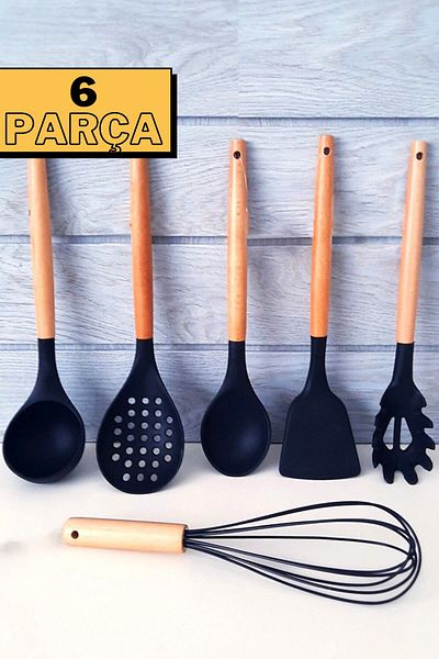 ÖzSa Home 6 Piece Silicone Ladle Colander Spoon Whisk Bamboo Handle Kitchen Serving Set Set