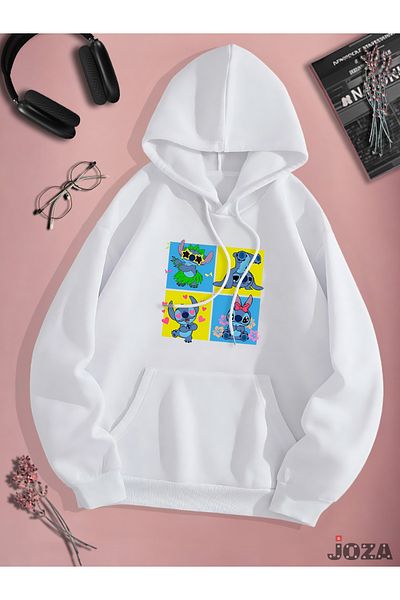 Joza Outdoors Hanorac unisex, femei, bărbați, cu imprimeu Lilo Stitch, negru, alb, cu glugă, fleece