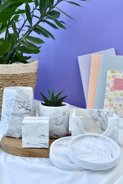Bİ DOLU DÜKKAN Marble Patterned Office Set of Seven| Desktop Organizer