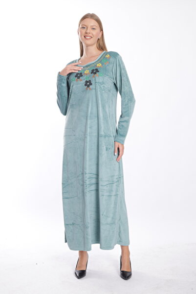 mervemoda Γυναικείο πράσινο βελούδινο μακρύ φόρεμα