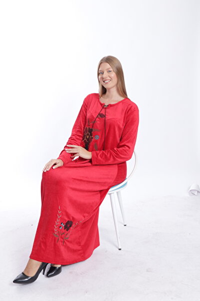 mervemoda Women's Red velvet long dress