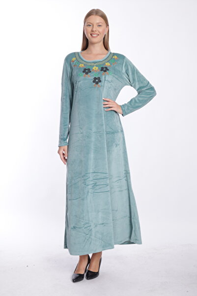 mervemoda Γυναικείο πράσινο βελούδινο μακρύ φόρεμα