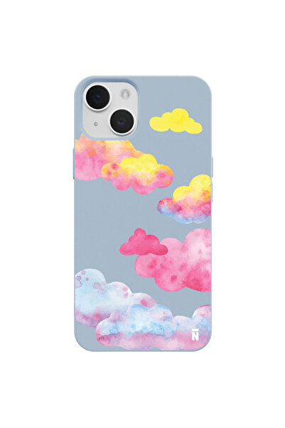 Casen Iphone 13 Mini Özel Tasarım Renkli Bulut Tasarımı Mavi Renkli Silikon T...