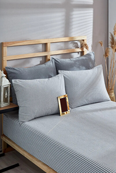 Bayev Single Gray Striped Elastic Sheet Duvet Cover Set