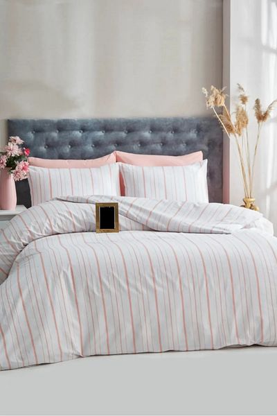 Bayev Single Pink Striped Elastic Sheet Duvet Cover Set