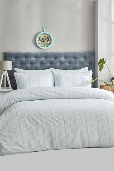 Bayev Double Green Striped Elastic Sheet Duvet Cover Set