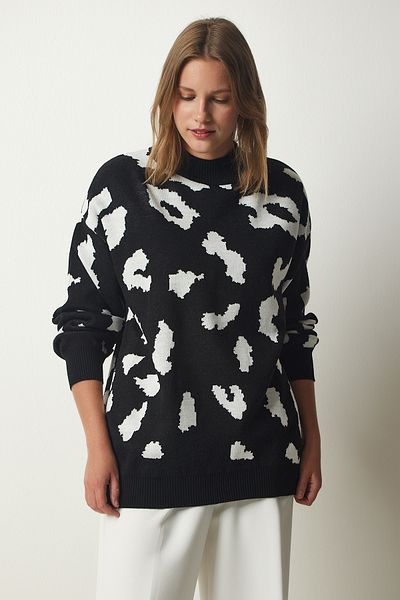 Happiness İstanbul Dicker Strickpullover mit Stehkragen und Muster für Damen, schwarz KB00035